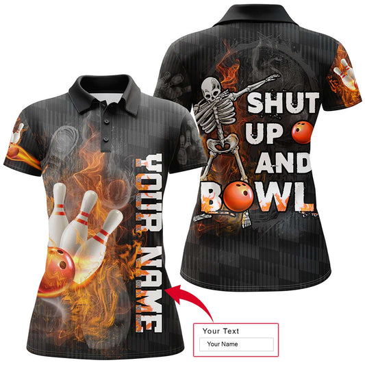 Bowling Women Polo Shirt Custom Name - Shut Up and Bowl, Flame Skull Bowling Personalized Bowling Polo Shirt - Gift For Friend, Family, Bowling Lovers - Amzanimalsgift