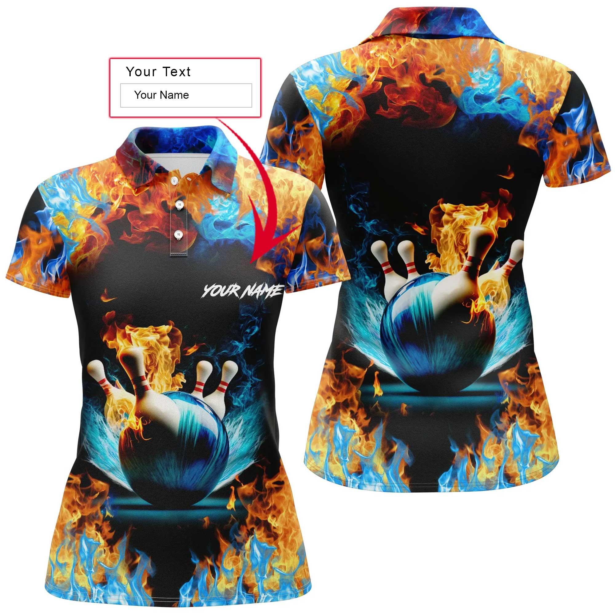 Bowling Women Polo Shirt Custom Name - Water Fire Background Personalized Bowling Polo Shirt - Gift For Friend, Family, Bowling Lovers - Amzanimalsgift