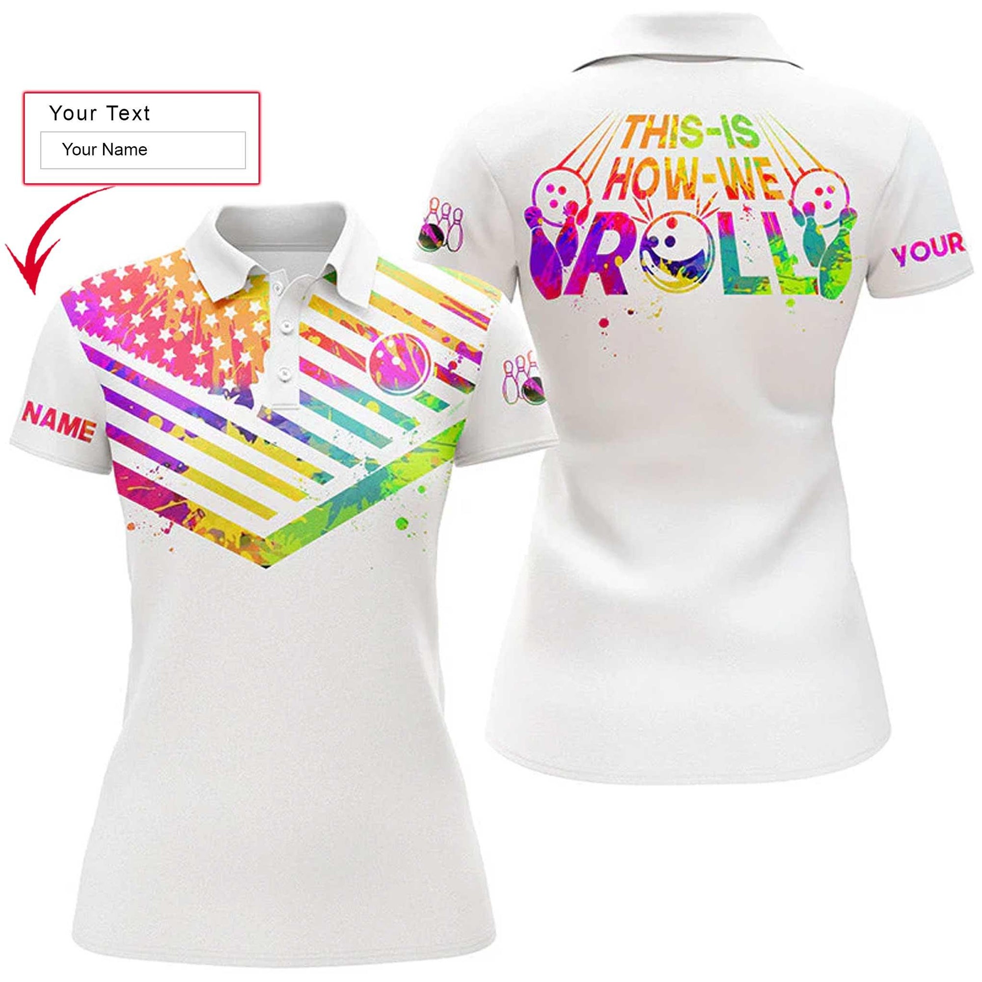 Bowling Women Polo Shirt Custom Name - Watercolor American Flag Personalized Bowling Polo Shirt - Gift For Wife, Family, Bowling Lovers - Amzanimalsgift