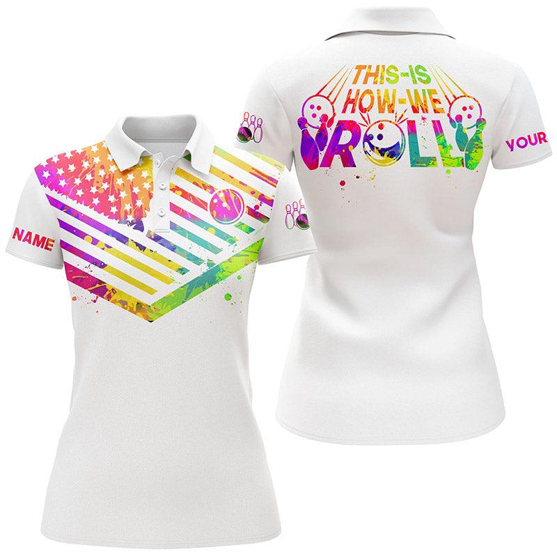 Bowling Women Polo Shirt Custom Name - Watercolor American Flag Personalized Bowling Polo Shirt - Gift For Wife, Family, Bowling Lovers - Amzanimalsgift