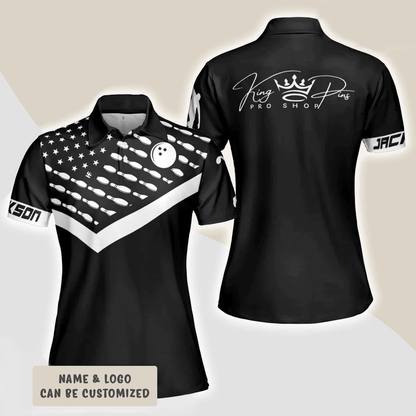 Bowling Women Polo Shirt Custom Name - Bowling Pattern American Flag Personalized Bowling Polo Shirt - Gift For Wife, Family, Bowling Lovers