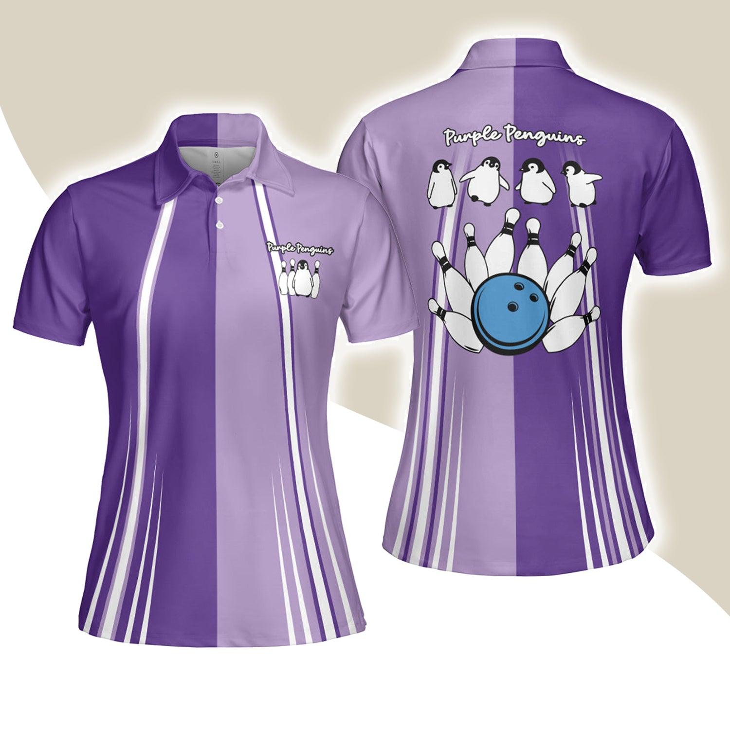 Bowling Women Polo Shirt, Purple Penguins Bowling Polo Shirts - Gift For Wife, Family, Girlfriend - Amzanimalsgift
