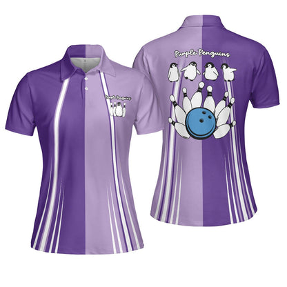Bowling Women Polo Shirt, Purple Penguins Bowling Polo Shirts - Gift For Wife, Family, Girlfriend - Amzanimalsgift