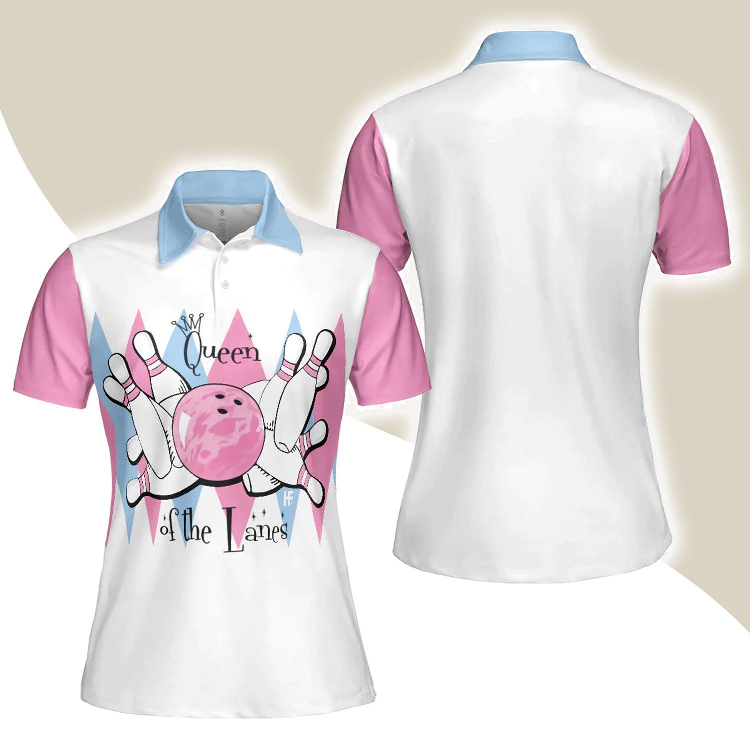 Bowling Women Polo Shirt - Queen Of The Lanes Pink And Blue Bowling Polo Shirt - Gift For Wife, Family, Bowling Lovers - Amzanimalsgift