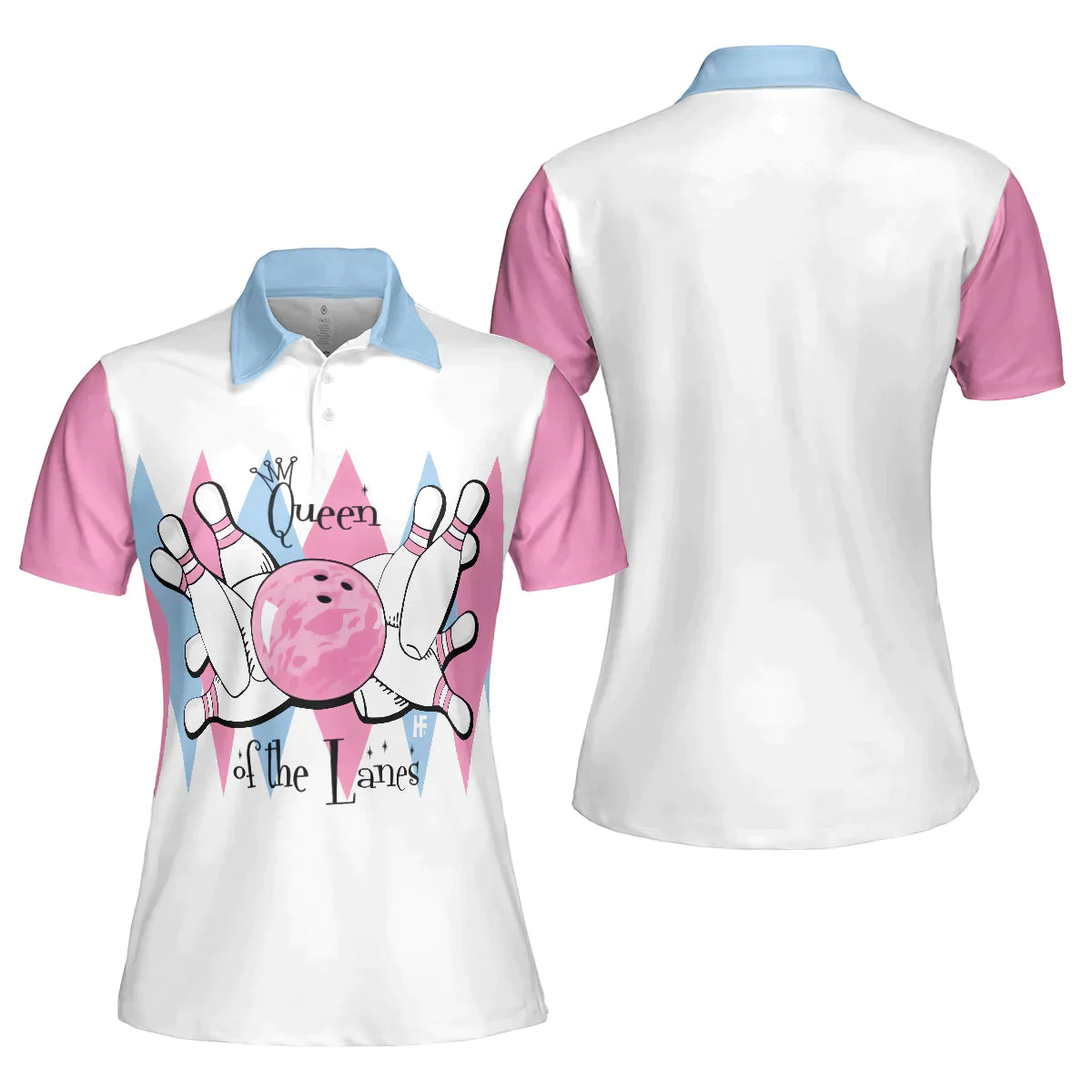 Bowling Women Polo Shirt - Queen Of The Lanes Pink And Blue Bowling Polo Shirt - Gift For Wife, Family, Bowling Lovers - Amzanimalsgift
