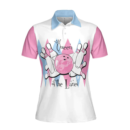 Bowling Women Polo Shirt - Queen Of The Lanes Pink And Blue Bowling Polo Shirt - Gift For Wife, Family, Bowling Lovers - Amzanimalsgift