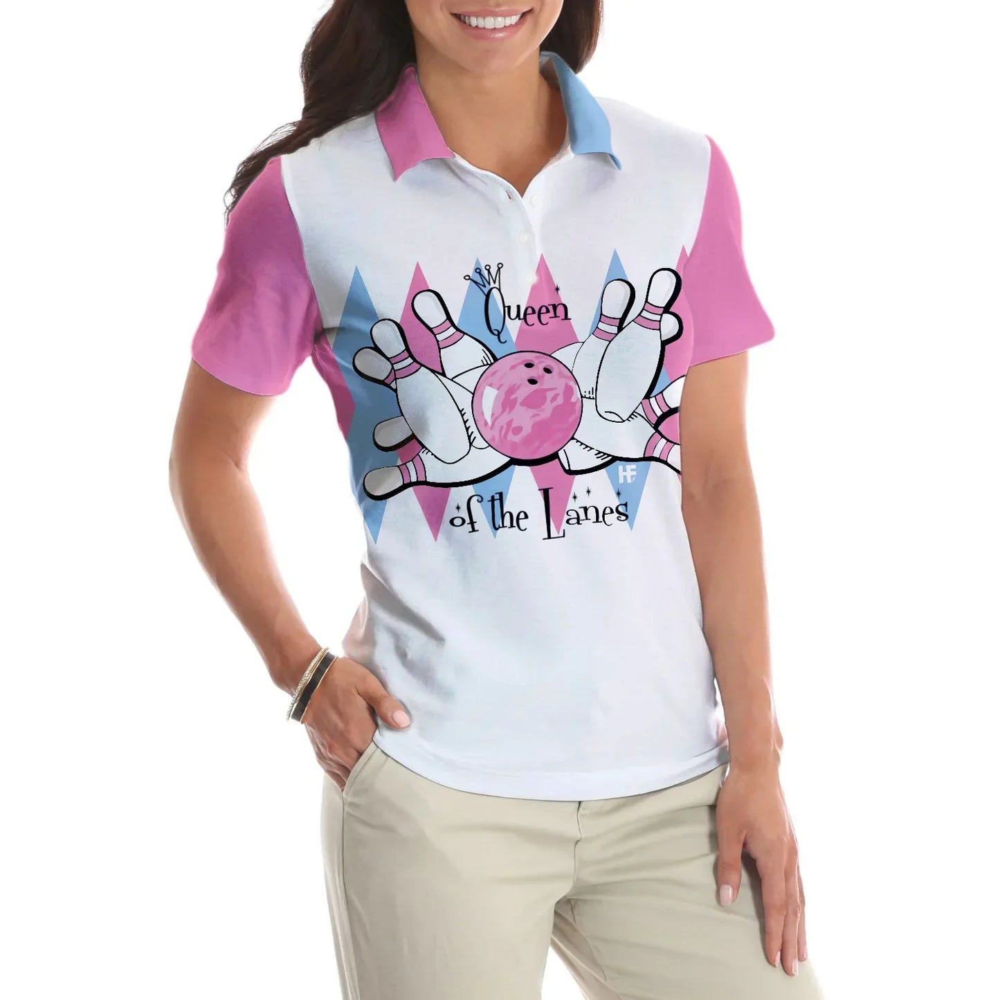 Bowling Women Polo Shirt - Queen Of The Lanes Pink And Blue Bowling Polo Shirt - Gift For Wife, Family, Bowling Lovers - Amzanimalsgift
