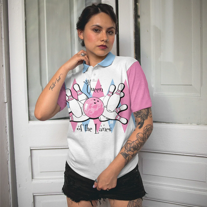 Bowling Women Polo Shirt - Queen Of The Lanes Pink And Blue Bowling Polo Shirt - Gift For Wife, Family, Bowling Lovers - Amzanimalsgift