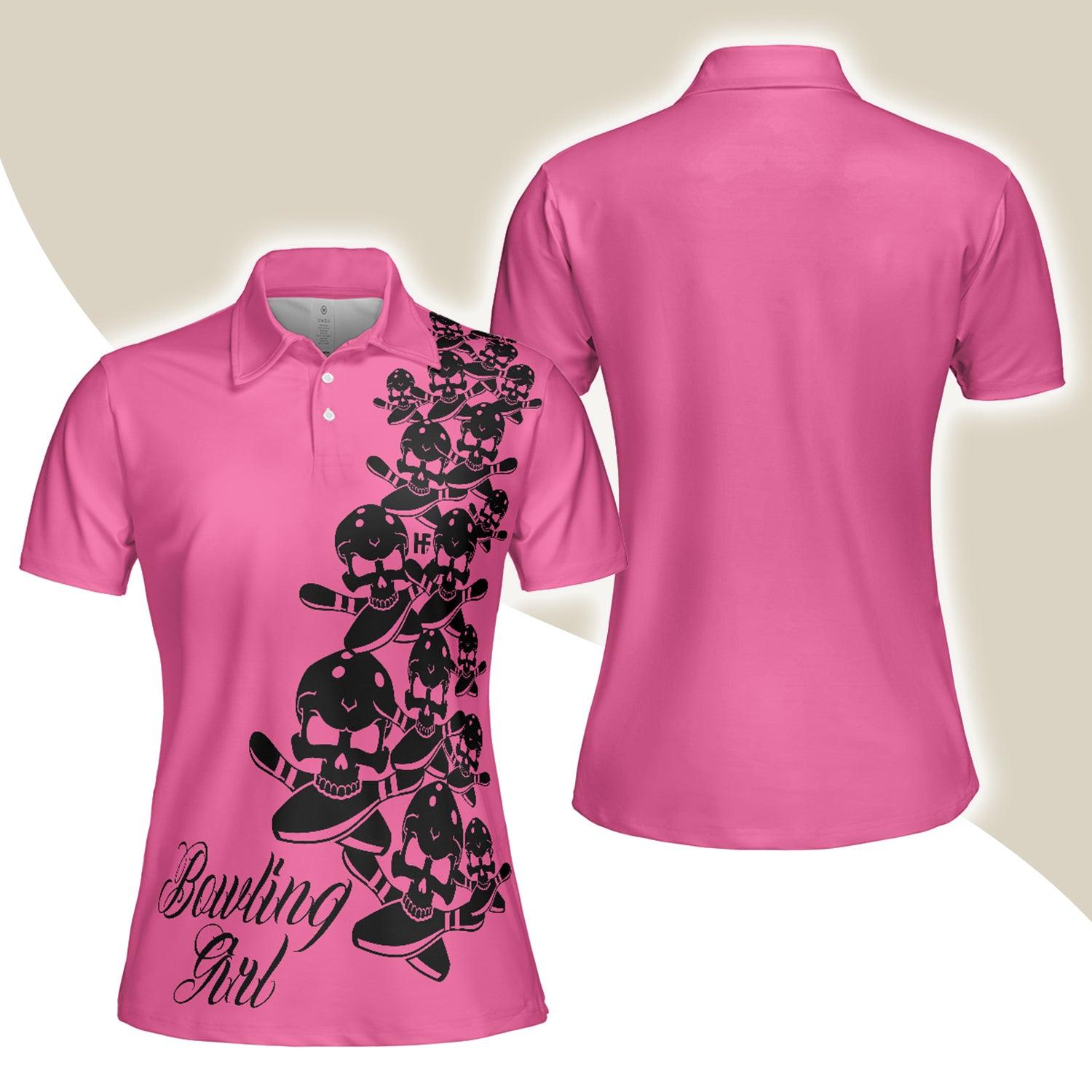 Bowling Women Polo Shirt - Skull Short Polo Shirt, Pink Skull Pattern Bowling Polo Shirt - Gift For Wife, Family, Bowling Lovers - Amzanimalsgift