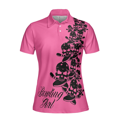 Bowling Women Polo Shirt - Skull Short Polo Shirt, Pink Skull Pattern Bowling Polo Shirt - Gift For Wife, Family, Bowling Lovers - Amzanimalsgift
