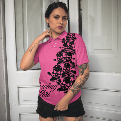 Bowling Women Polo Shirt - Skull Short Polo Shirt, Pink Skull Pattern Bowling Polo Shirt - Gift For Wife, Family, Bowling Lovers - Amzanimalsgift