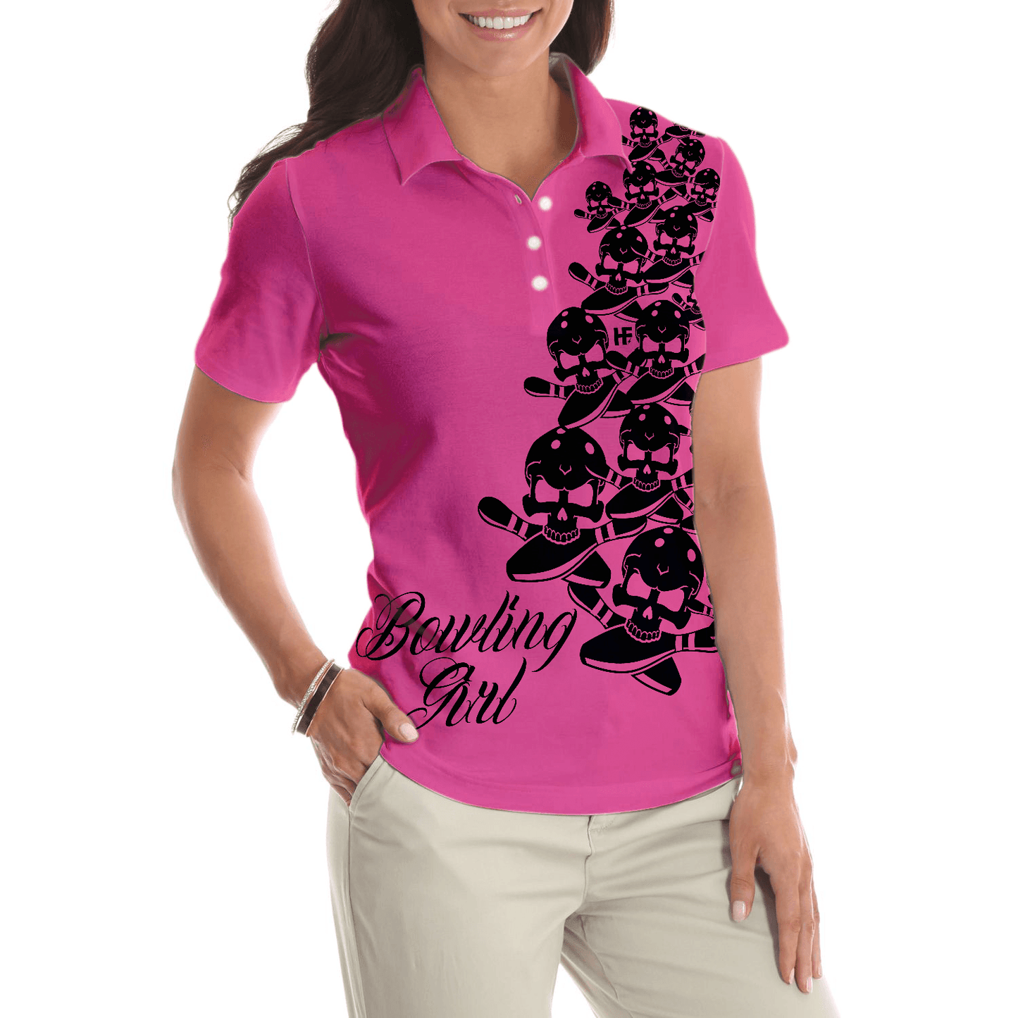 Bowling Women Polo Shirt - Skull Short Polo Shirt, Pink Skull Pattern Bowling Polo Shirt - Gift For Wife, Family, Bowling Lovers - Amzanimalsgift
