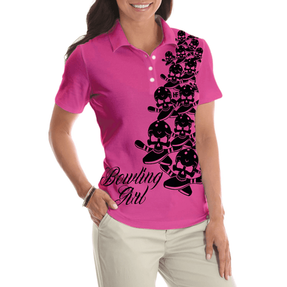 Bowling Women Polo Shirt - Skull Short Polo Shirt, Pink Skull Pattern Bowling Polo Shirt - Gift For Wife, Family, Bowling Lovers - Amzanimalsgift
