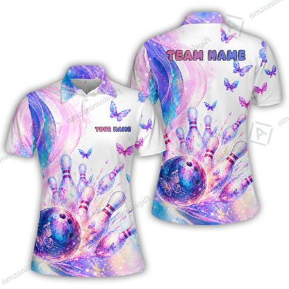 Custom Bowling Jersey Polo Shirt, Bowling Dart Butterfly, Personalize Name and Team Name