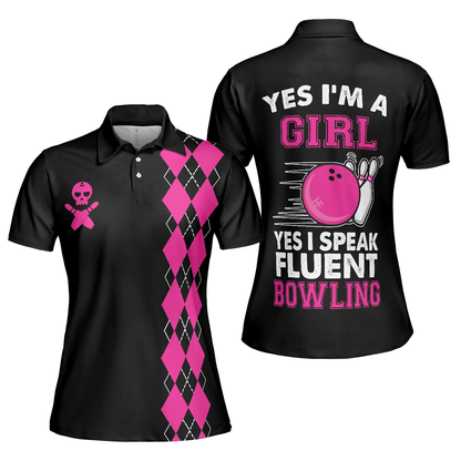 Bowling Women Polo Shirts - Yes I'm A Girl Yes I Speak Fluent Bowling Women Polo Shirt, Skull Bowling Shirt With Sayings - Perfect Gift For Women - Amzanimalsgift