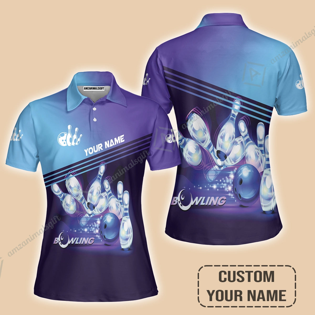 Bowling Women Polo Shirt With Custom Name, Personalized Blue Bowling Shirt Uniform Player, Best Gifts For Kids, Bowling Lovers, Bowlers