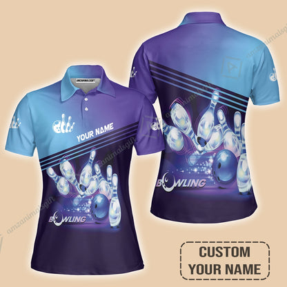 Bowling Women Polo Shirt With Custom Name, Personalized Blue Bowling Shirt Uniform Player, Best Gifts For Kids, Bowling Lovers, Bowlers