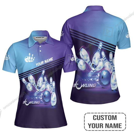 Bowling Women Polo Shirt With Custom Name, Personalized Blue Bowling Shirt Uniform Player, Best Gifts For Kids, Bowling Lovers, Bowlers