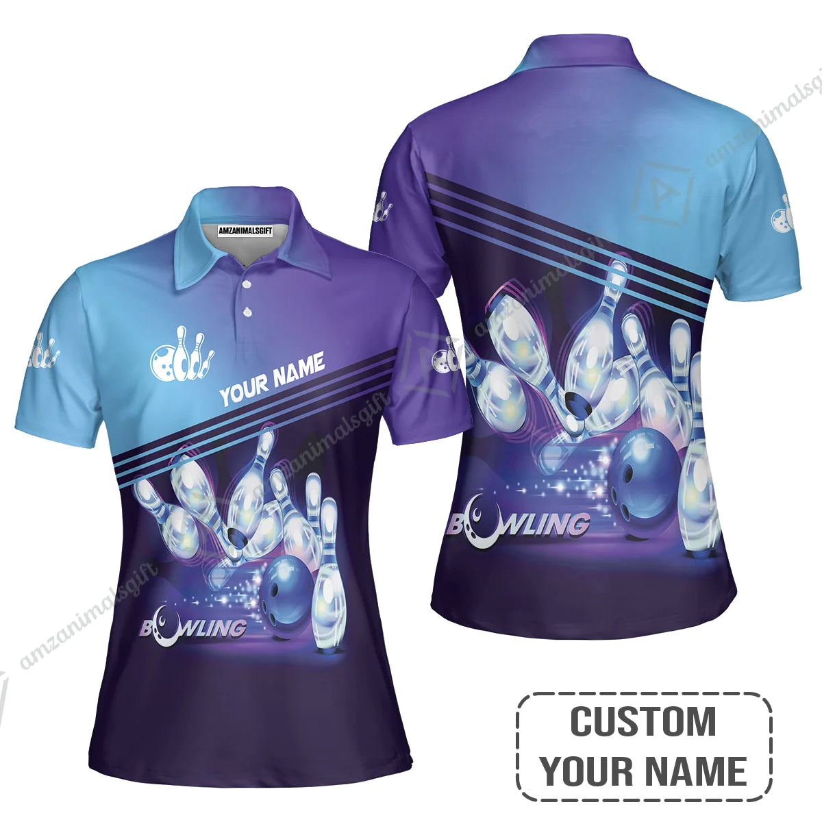 Bowling Polo Shirt With Custom Name, Personalized Blue Bowling Polo Shirt Uniform Players, Perfect Outfits For Bowling Lovers, Bowlers