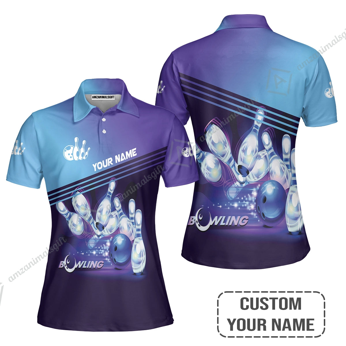 Bowling Women Polo Shirt With Custom Name, Personalized Blue Bowling Shirt Uniform Player, Best Gifts For Kids, Bowling Lovers, Bowlers