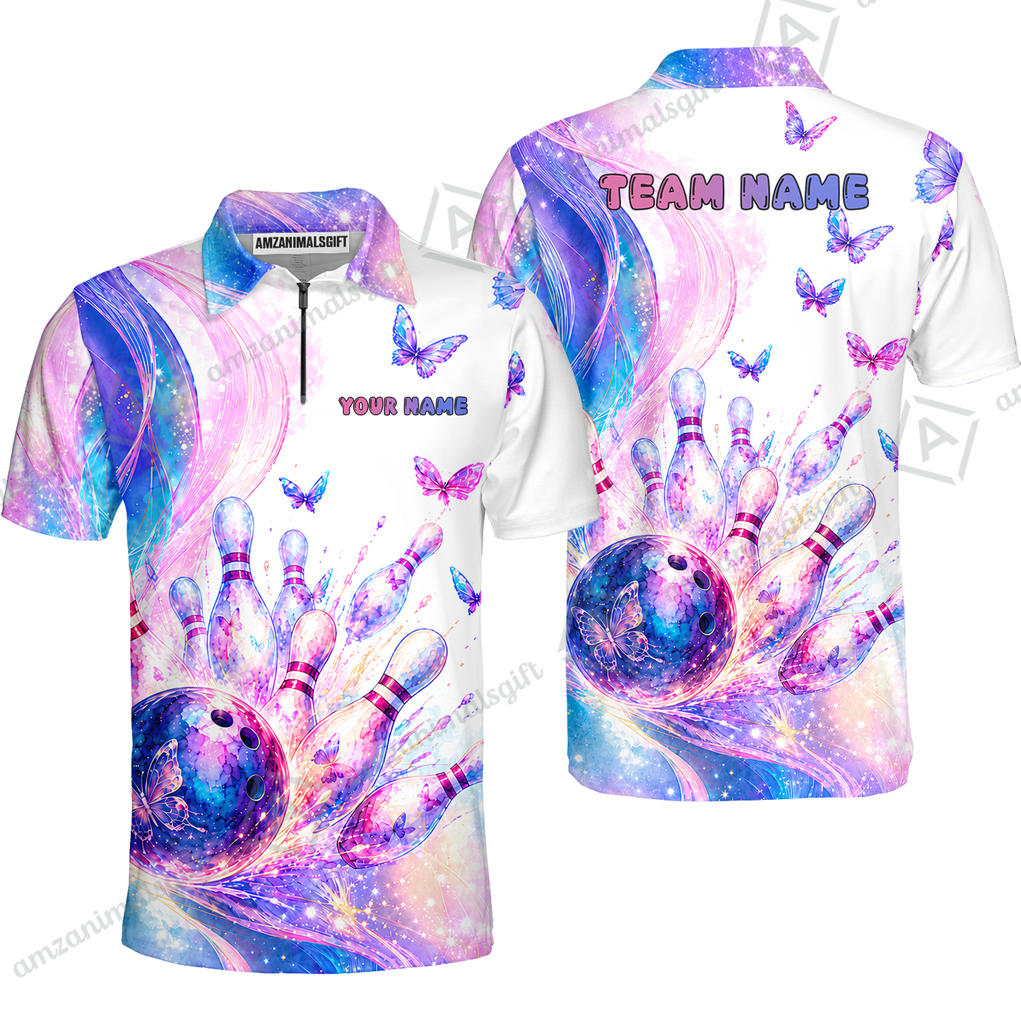 Custom Bowling Jersey Polo Shirt, Bowling Dart Butterfly, Personalize Name and Team Name