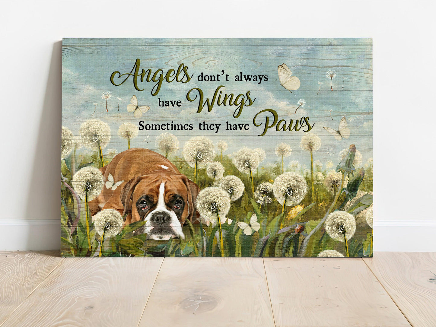 Boxer Premium Wrapped Landscape Canvas - Boxer Painting, Dandelion Field, Angels Don't Always Have Wings - Gift For Boxer Lovers - Amzanimalsgift