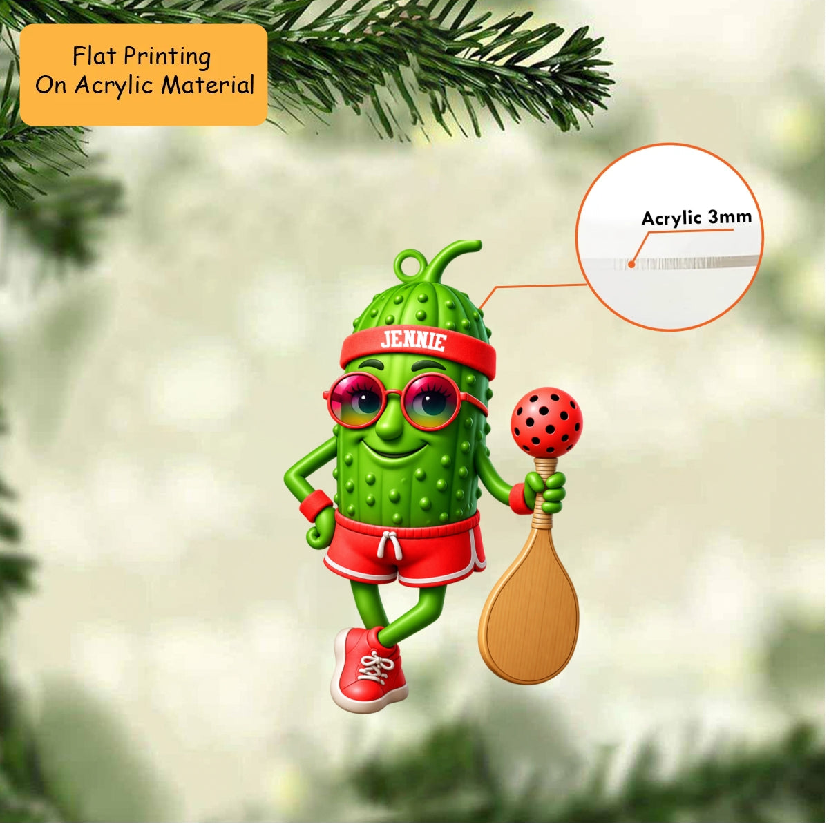 Personalized Pickleball Christmas Ornament, Cute Pickle Mascot  Headband, Custom Ornament Christmas Gift, Keychain Pickleball, Car Ornament Pickleball