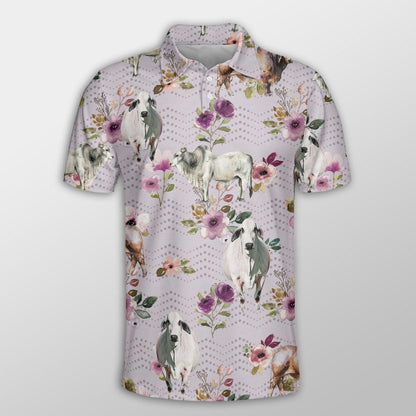 Brahman Men Polo Shirts For Summer - Brahman Autumn Amethyst Boho Floral Pattern Button Shirts For Men - Perfect Gift For Brahman Lovers, Cattle Lovers - Amzanimalsgift