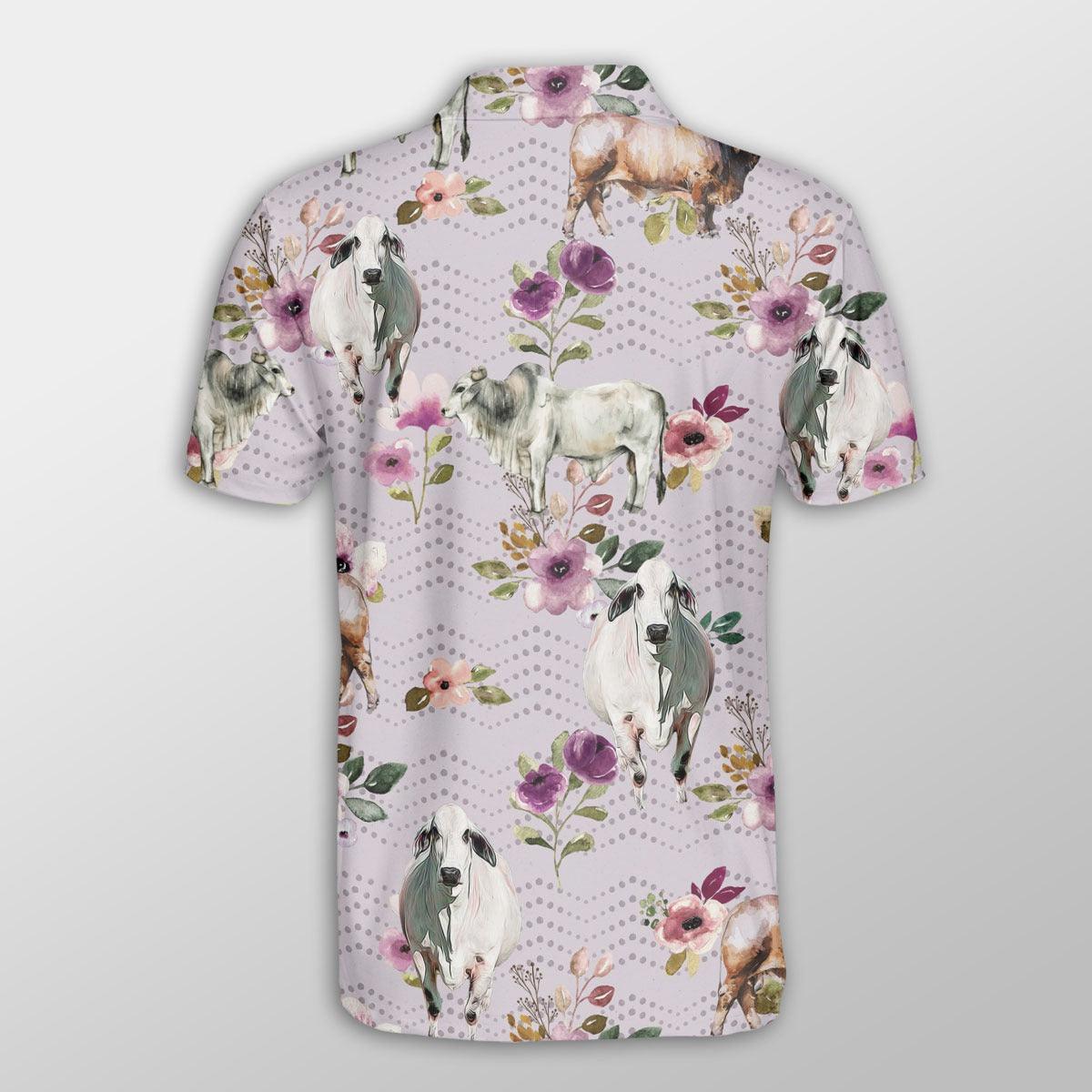 Brahman Men Polo Shirts For Summer - Brahman Autumn Amethyst Boho Floral Pattern Button Shirts For Men - Perfect Gift For Brahman Lovers, Cattle Lovers - Amzanimalsgift
