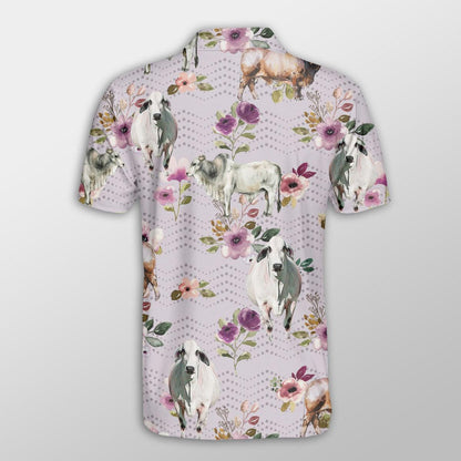 Brahman Men Polo Shirts For Summer - Brahman Autumn Amethyst Boho Floral Pattern Button Shirts For Men - Perfect Gift For Brahman Lovers, Cattle Lovers - Amzanimalsgift
