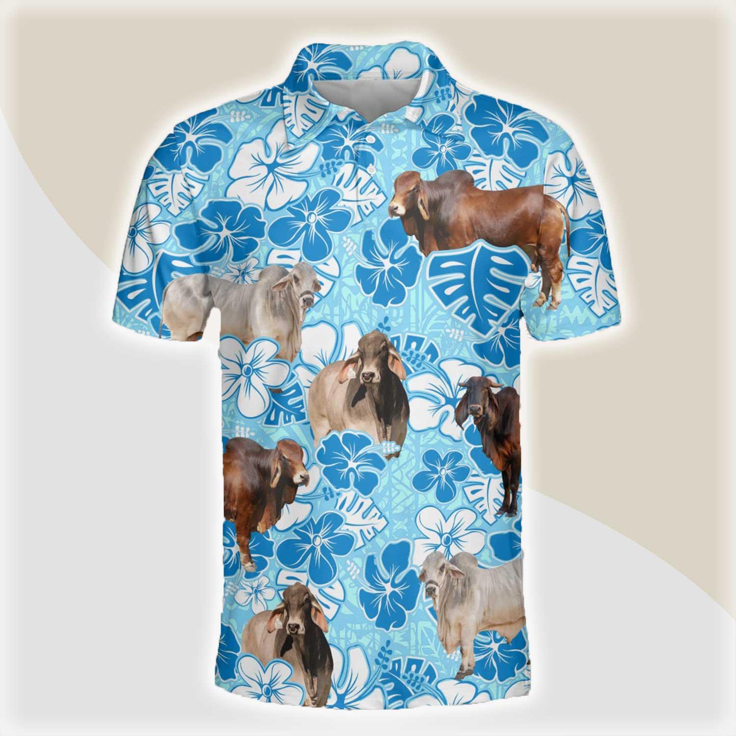 Brahman Men Polo Shirts For Summer - Brahman Blue Floral Button Shirts For Men - Perfect Gift For Brahman Lovers, Cattle Lovers - Amzanimalsgift