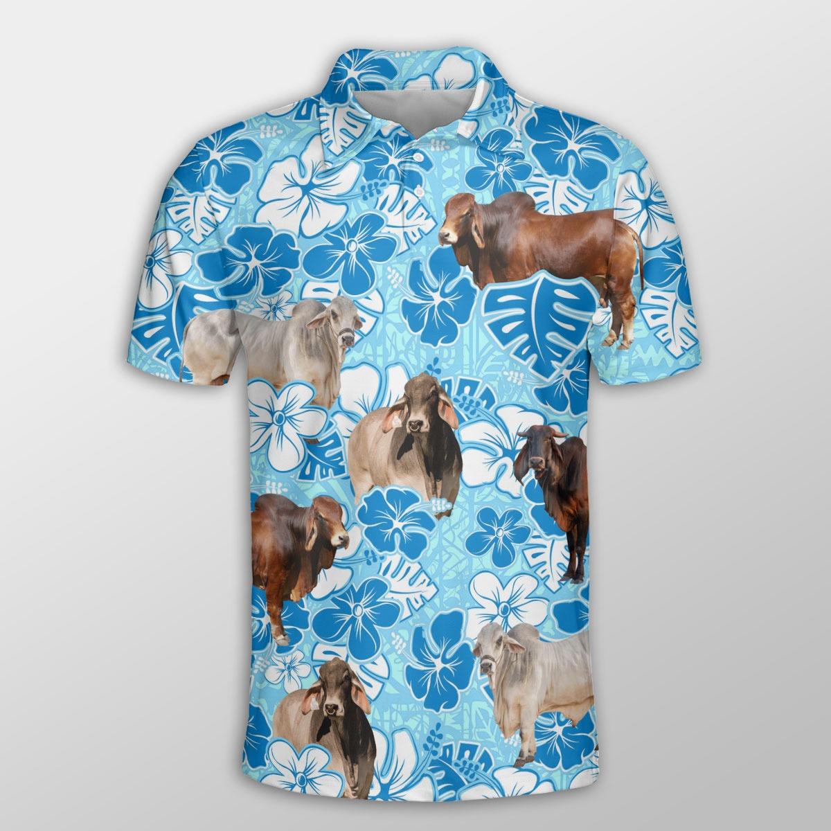 Brahman Men Polo Shirts For Summer - Brahman Blue Floral Button Shirts For Men - Perfect Gift For Brahman Lovers, Cattle Lovers - Amzanimalsgift
