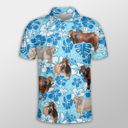 Brahman Men Polo Shirts For Summer - Brahman Blue Floral Button Shirts For Men - Perfect Gift For Brahman Lovers, Cattle Lovers - Amzanimalsgift