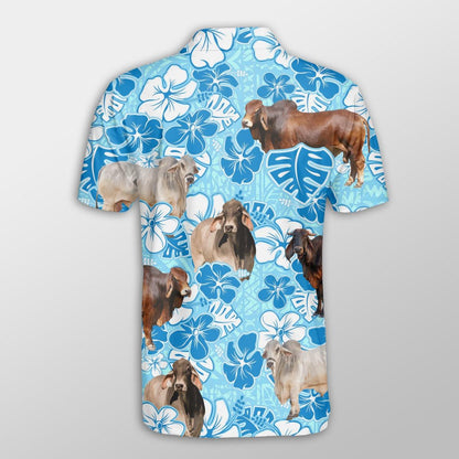 Brahman Men Polo Shirts For Summer - Brahman Blue Floral Button Shirts For Men - Perfect Gift For Brahman Lovers, Cattle Lovers - Amzanimalsgift