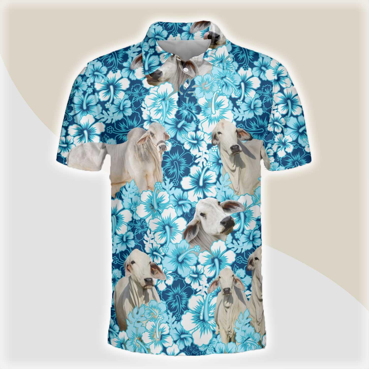 Brahman Men Polo Shirts For Summer - Brahman Blue Hibiscus Pattern Button Shirts For Men - Perfect Gift For Brahman Lovers, Cattle Lovers - Amzanimalsgift