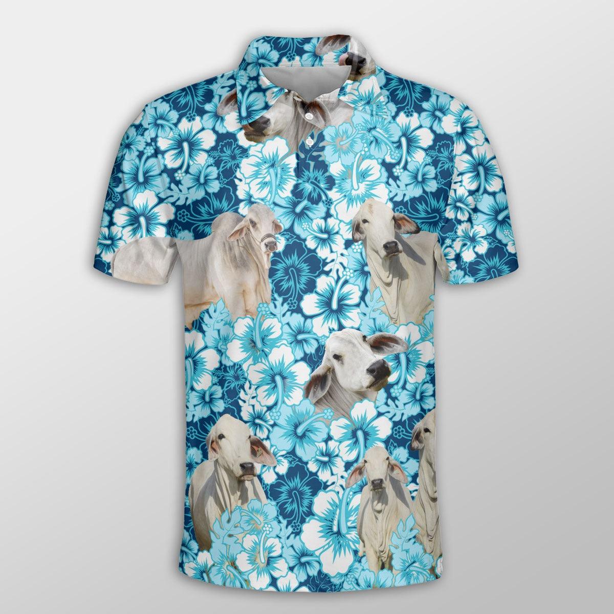 Brahman Men Polo Shirts For Summer - Brahman Blue Hibiscus Pattern Button Shirts For Men - Perfect Gift For Brahman Lovers, Cattle Lovers - Amzanimalsgift