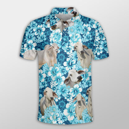 Brahman Men Polo Shirts For Summer - Brahman Blue Hibiscus Pattern Button Shirts For Men - Perfect Gift For Brahman Lovers, Cattle Lovers - Amzanimalsgift