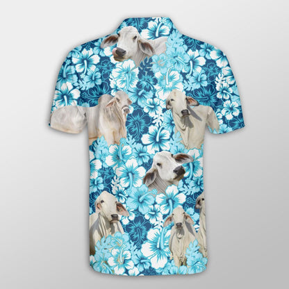 Brahman Men Polo Shirts For Summer - Brahman Blue Hibiscus Pattern Button Shirts For Men - Perfect Gift For Brahman Lovers, Cattle Lovers - Amzanimalsgift