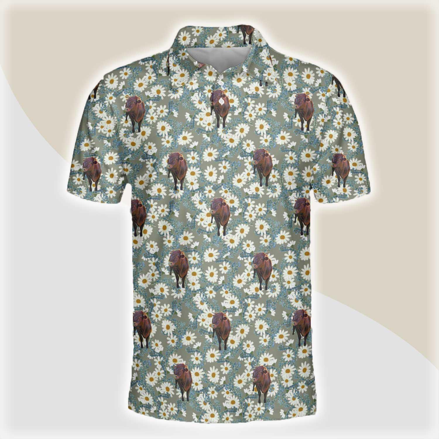 Brahman Men Polo Shirts For Summer - Brahman Camomilles Flower Grey Pattern Button Shirts For Men - Perfect Gift For Brahman Lovers, Cattle Lovers - Amzanimalsgift