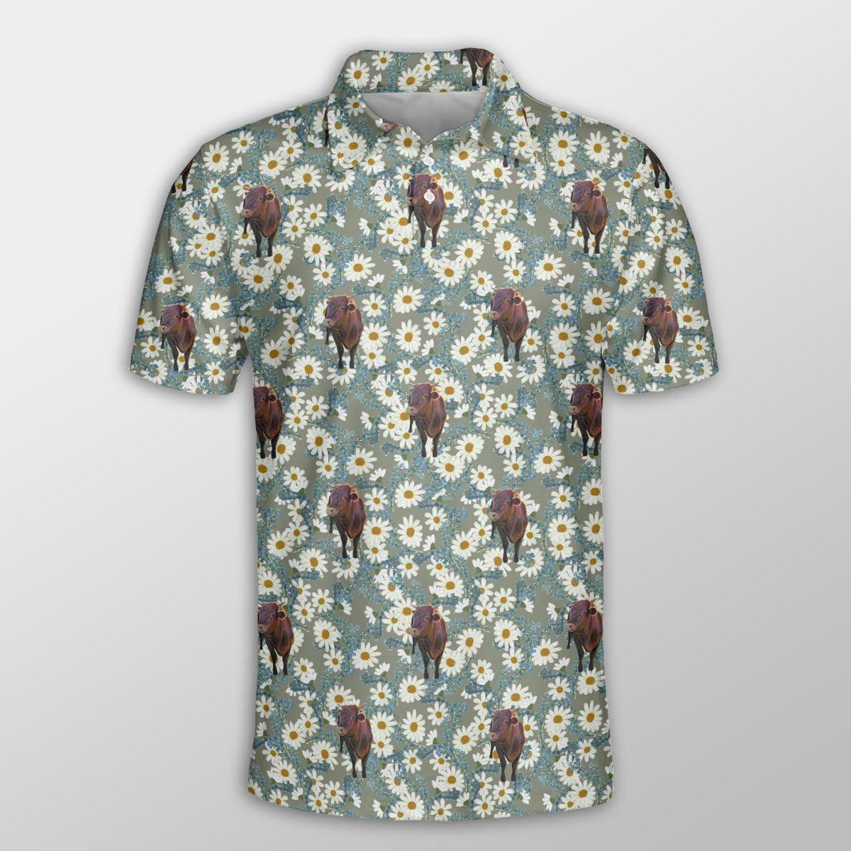 Brahman Men Polo Shirts For Summer - Brahman Camomilles Flower Grey Pattern Button Shirts For Men - Perfect Gift For Brahman Lovers, Cattle Lovers - Amzanimalsgift