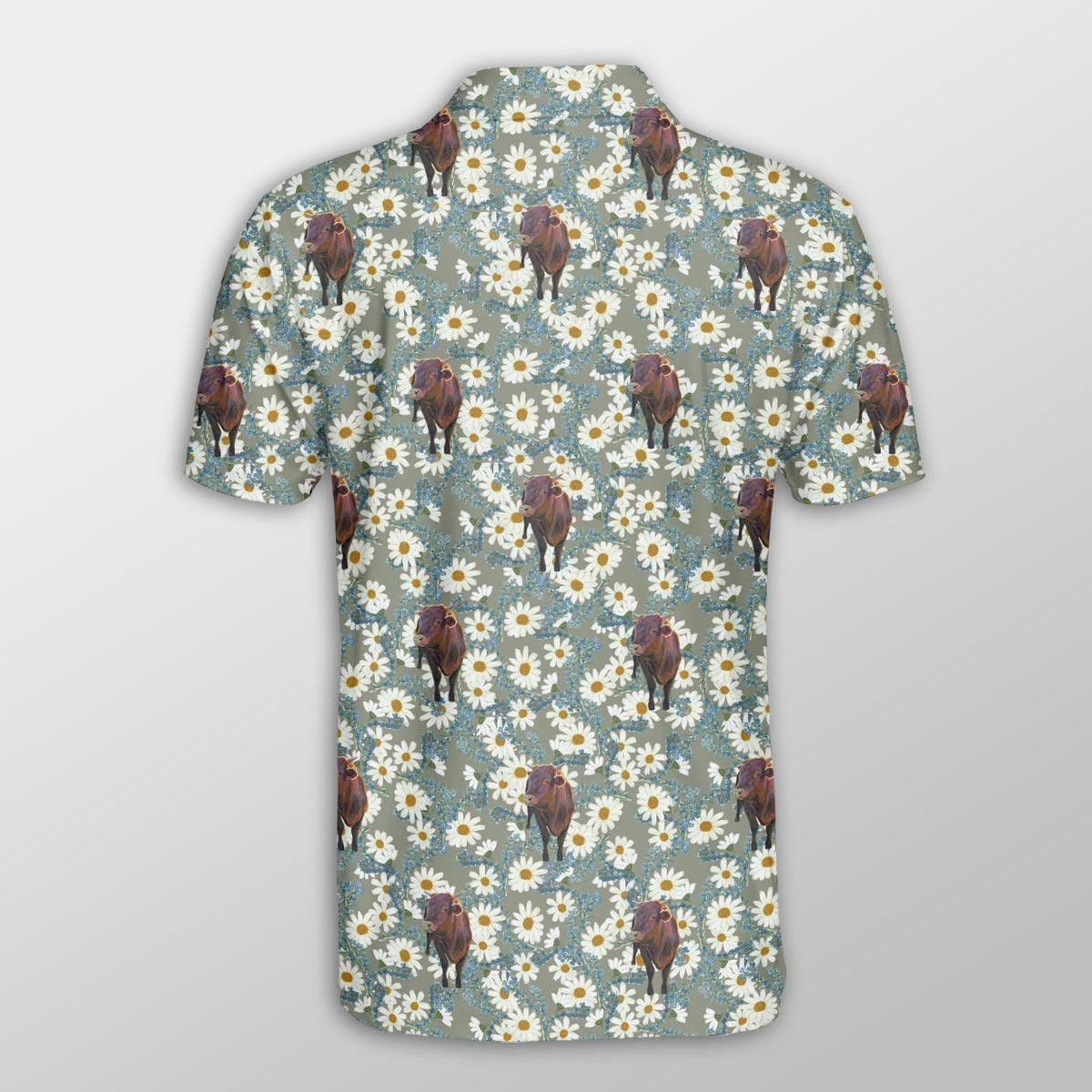 Brahman Men Polo Shirts For Summer - Brahman Camomilles Flower Grey Pattern Button Shirts For Men - Perfect Gift For Brahman Lovers, Cattle Lovers - Amzanimalsgift