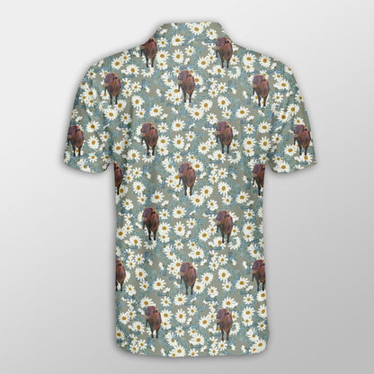 Brahman Men Polo Shirts For Summer - Brahman Camomilles Flower Grey Pattern Button Shirts For Men - Perfect Gift For Brahman Lovers, Cattle Lovers - Amzanimalsgift