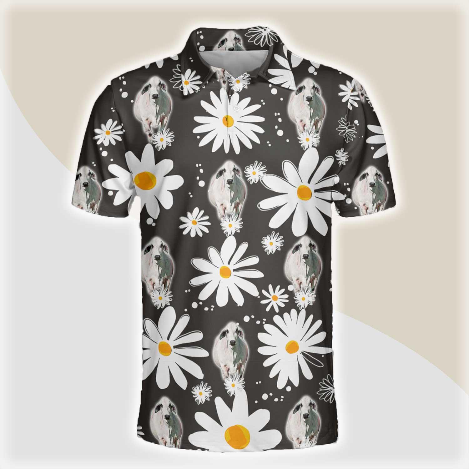 Brahman Men Polo Shirts For Summer - Brahman Daisy Flower Pattern Button Shirts For Men - Perfect Gift For Brahman Lovers, Cattle Lovers - Amzanimalsgift