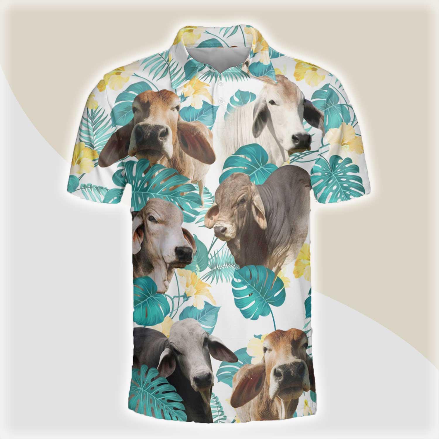 Brahman Men Polo Shirts For Summer - Brahman In Tropical Leaves Pattern Button Shirts For Men - Perfect Gift For Brahman Lovers, Cattle Lovers - Amzanimalsgift