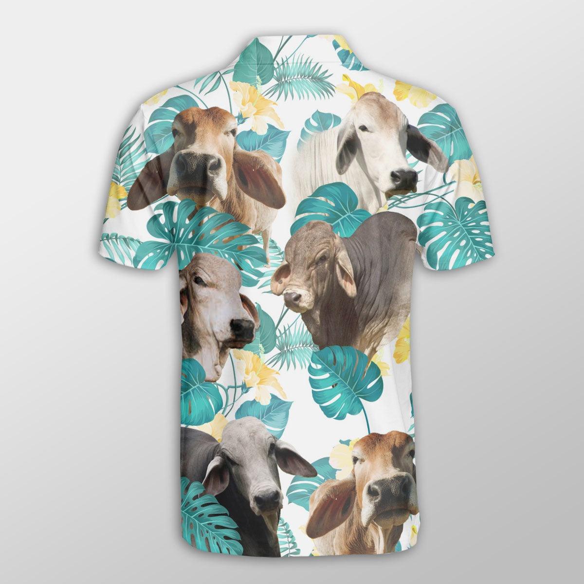 Brahman Men Polo Shirts For Summer - Brahman In Tropical Leaves Pattern Button Shirts For Men - Perfect Gift For Brahman Lovers, Cattle Lovers - Amzanimalsgift