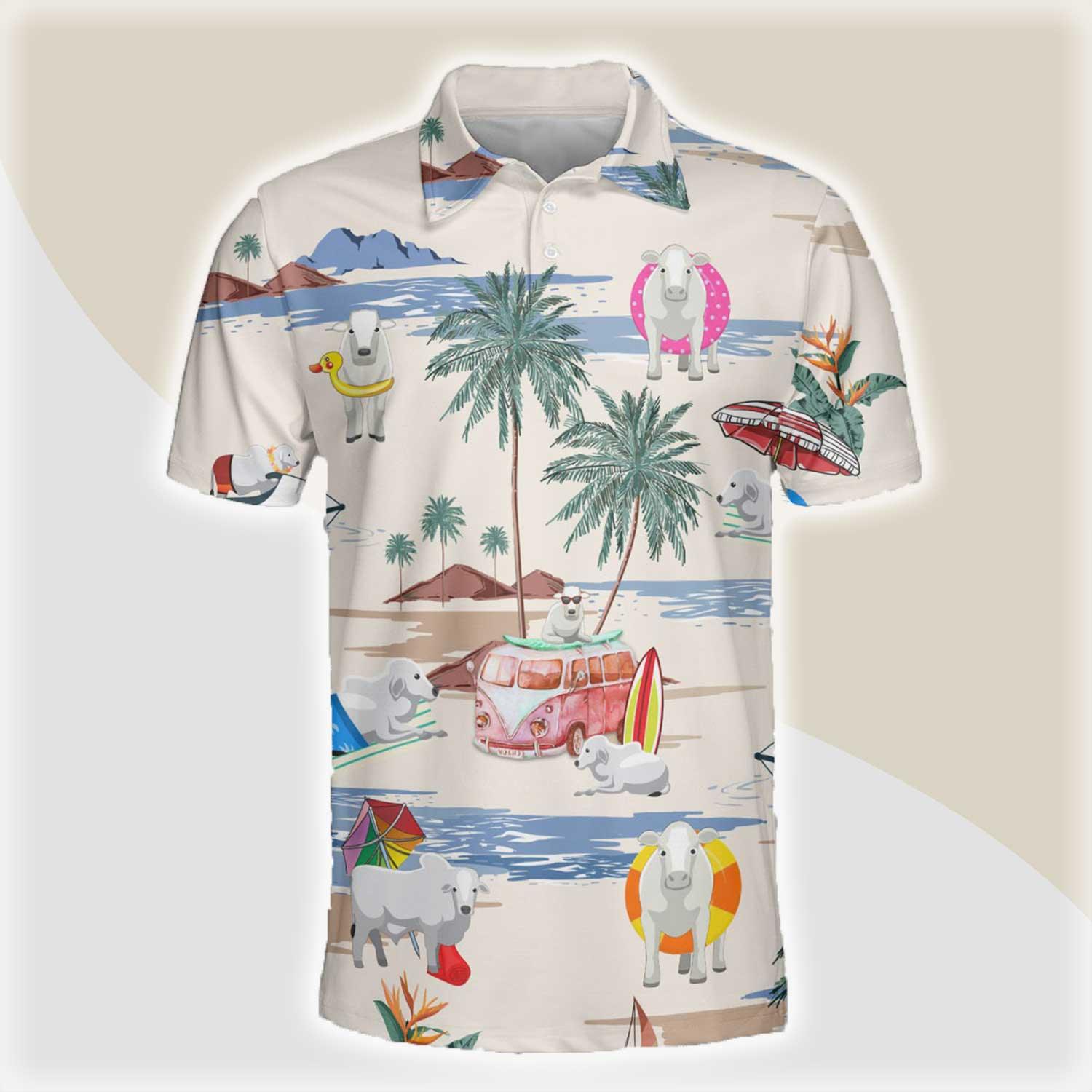 Brahman Men Polo Shirts For Summer - Brahman Summer Beach Pattern Button Shirts For Men - Perfect Gift For Brahman Lovers, Cattle Lovers - Amzanimalsgift