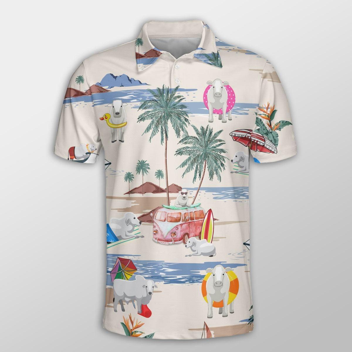 Brahman Men Polo Shirts For Summer - Brahman Summer Beach Pattern Button Shirts For Men - Perfect Gift For Brahman Lovers, Cattle Lovers - Amzanimalsgift