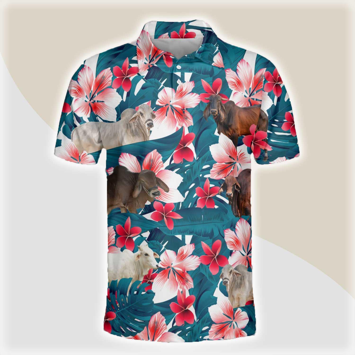 Brahman Men Polo Shirts For Summer - Brahman Tropical Floral Pattern Farm Lovers Button Shirts For Men - Perfect Gift For Brahman Lovers, Cattle Lovers - Amzanimalsgift