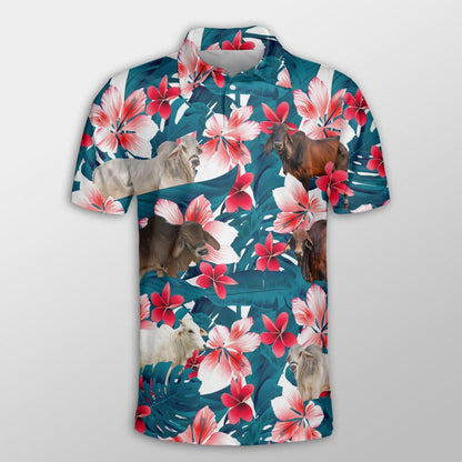 Brahman Men Polo Shirts For Summer - Brahman Tropical Floral Pattern Farm Lovers Button Shirts For Men - Perfect Gift For Brahman Lovers, Cattle Lovers - Amzanimalsgift