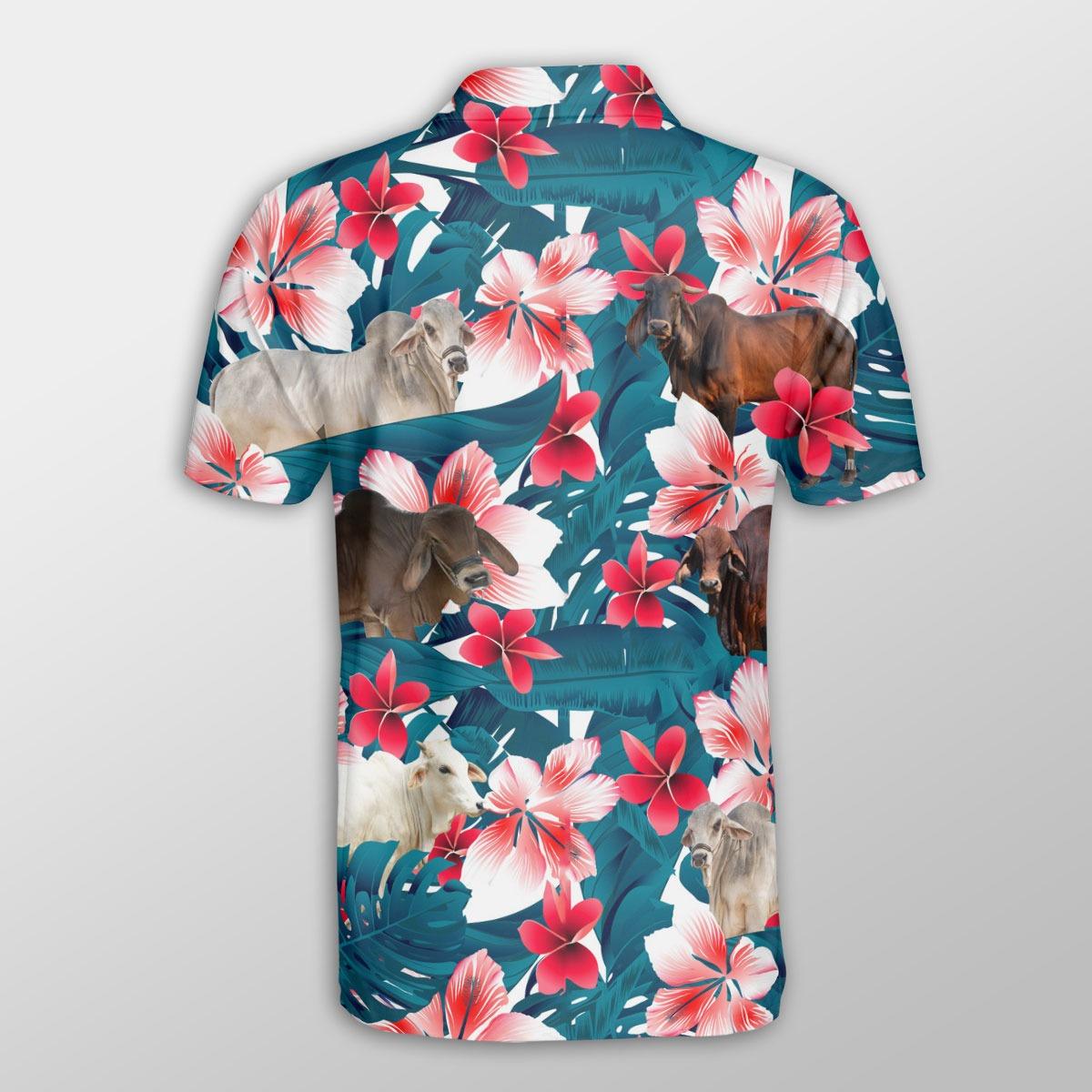 Brahman Men Polo Shirts For Summer - Brahman Tropical Floral Pattern Farm Lovers Button Shirts For Men - Perfect Gift For Brahman Lovers, Cattle Lovers - Amzanimalsgift